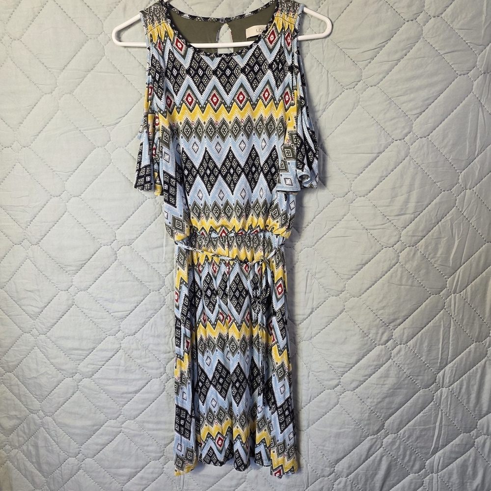 Ann Taylor Loft Multi Color Geometric Cold Shoulder Dress Sz XS Boho Blue Yellow - Picture 1 of 9